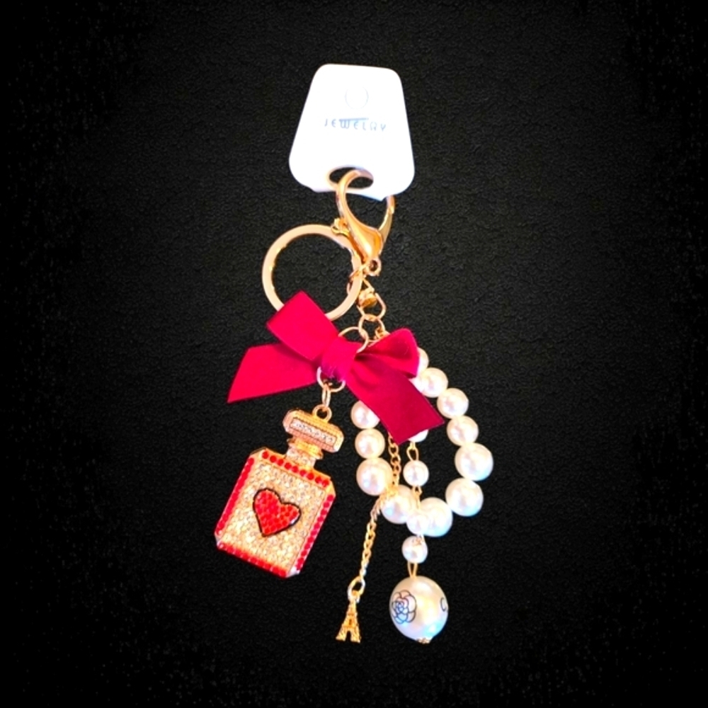 Elegant Red and Gold Perfume Bottle Shaped Charm with Pearl Accents